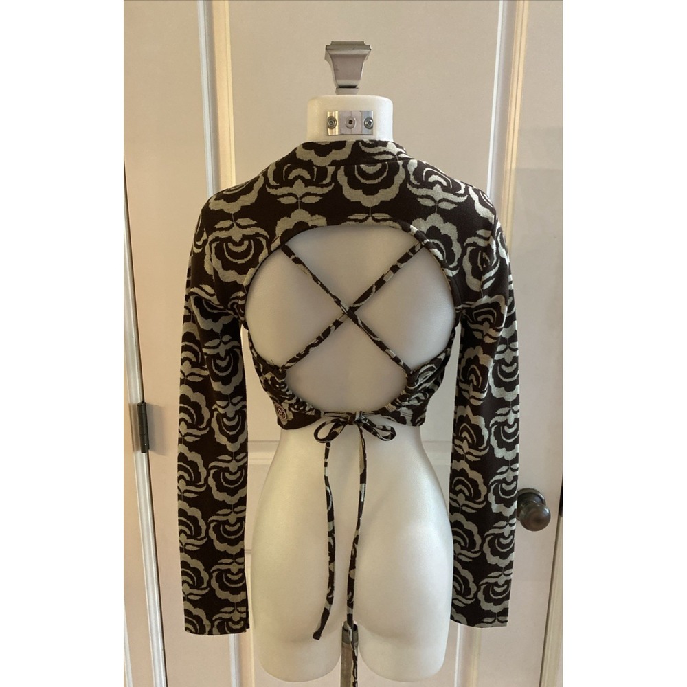 Damson Madder Denim Open Back Mock Neck Lace Up Top Brown Crop Size 10 - Picture 3 of 12